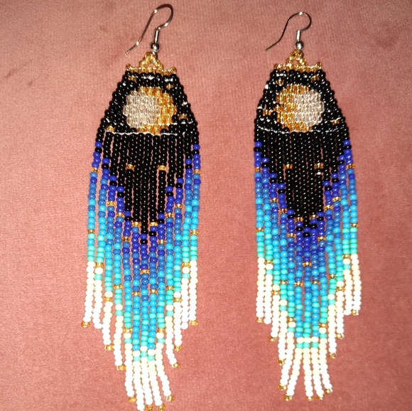 Moon Eclipse Crescent Long 5" Night Earrings Handmade Beaded Oversized - Picture 2 of 9